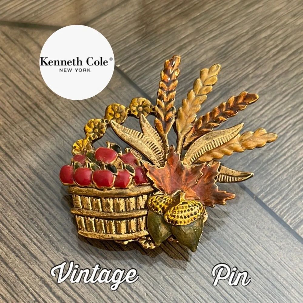 Vintage Kenneth Cole Harvest Basket Brooch with Red and Gold Accents & Apples